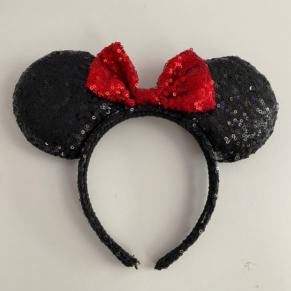Disney Minnie Mouse Headband Women OS Black Red Sequin Ears Bow